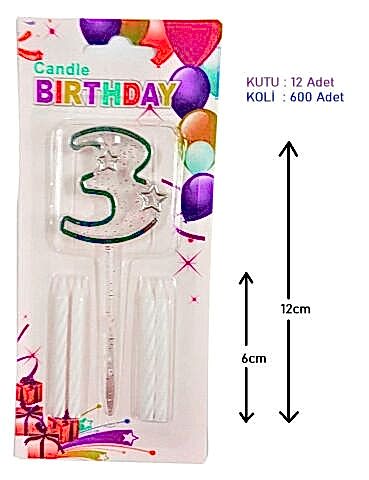 MİKA ŞEFFAF 3 RAKAM GÜMÜŞ MUM 12CM PK:12 KL:600