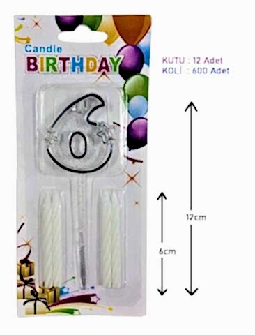 MİKA ŞEFFAF 6 RAKAM GÜMÜŞ MUM 12CM PK:12 KL:600