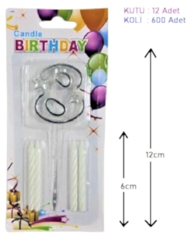 MİKA ŞEFFAF 8 RAKAM GÜMÜŞ MUM 12CM PK:12 KL:600