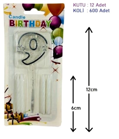 MİKA ŞEFFAF 9 RAKAM GÜMÜŞ MUM 12CM PK:12 KL:600