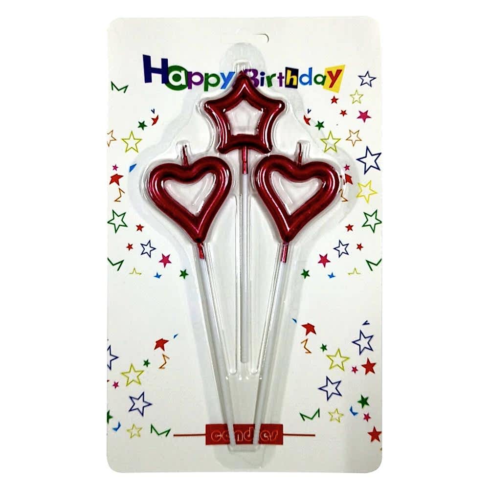 3 LÜ ÇUBUKLU ORTASI BOŞ 1 YILDIZ 2 KALP KIRMIZI MUM PK:24 KL:360