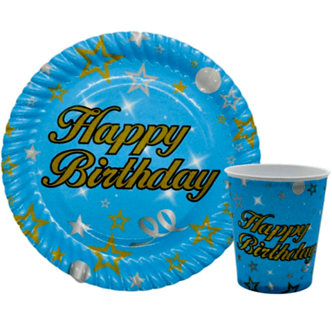 8 Lİ HAPPY BİRTHDAY MAVİ TABAK BARDAK SET