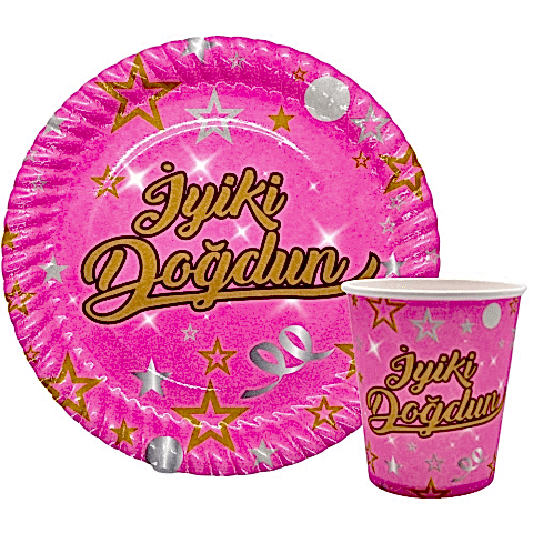 8 Lİ İYİKİ DOĞDUN PEMBE TABAK BARDAK SET
