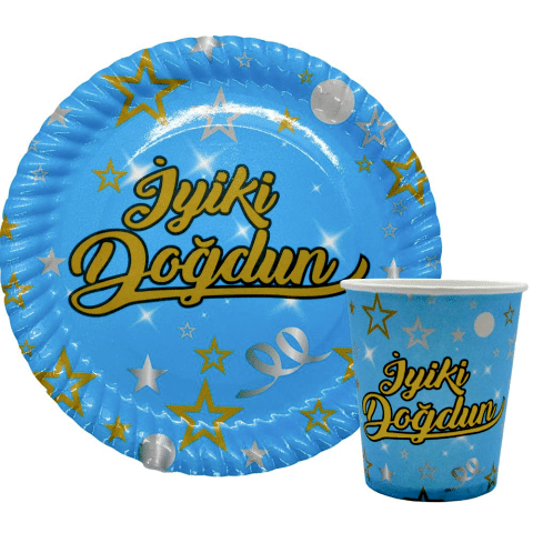 8 Lİ İYİKİ DOĞDUN MAVİ TABAK BARDAK SET