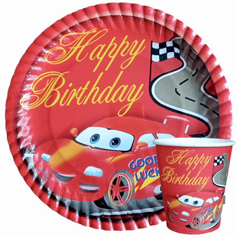 8 Lİ KIRMIZI ARABA BASKILI TABAK BARDAK SET